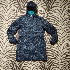 The North Face women's ThermoBall Long Hooded puffer Parka jacket Navy Blue L